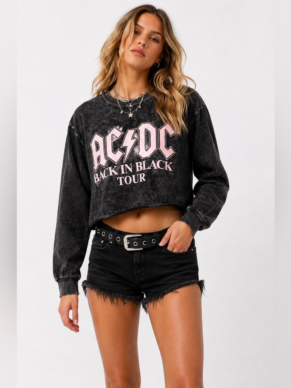 AC/DC Back In Black Tour Acid Wash Cropped Long Sleeve Shirt Small